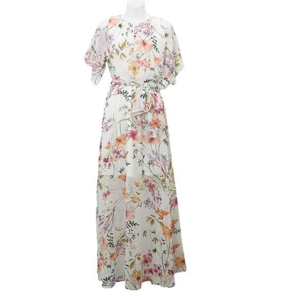 Calvin Klein Dresses & Skirts - Calvin Klein flutter sleeve cold shoulder white floral chiffon maxi dress 12